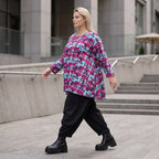 Jerseyshirt in Lila/Multi mit Rundhalsausschnitt A-Linie und 7/8-Arm in Stretchqualität