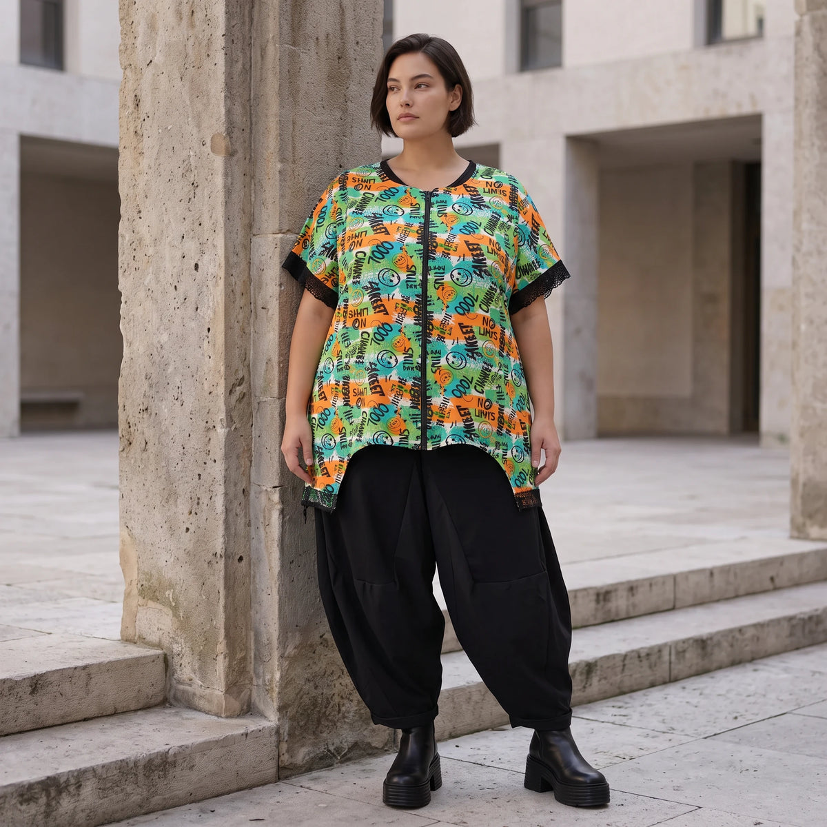 Vokuhilaweste aus softem Stretchjersey mit Netzdetail und lockerem Schnitt modern chic