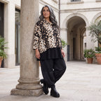 Kastiges Twillshirt mit Rollkragen und 3/4-Arm in Braun/Weiß mit softem Stretchkomfort