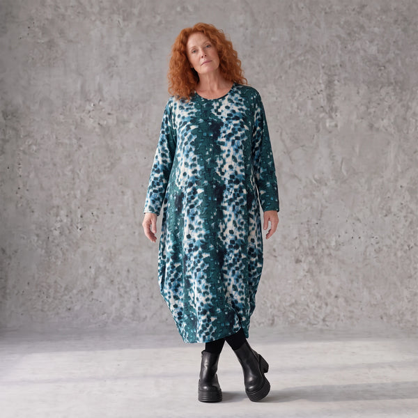 Ballonkleid aus Stretch Twill in Petrol/Weiss mit femininer Silhouette und leichtem Fall