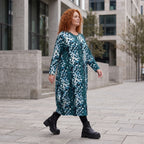 Ballonkleid aus Stretch Twill in Petrol/Weiss mit femininer Silhouette und leichtem Fall