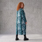Ballonkleid aus Stretch Twill in Petrol/Weiss mit femininer Silhouette und leichtem Fall