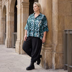 Petrol/Weiße Bluse aus Stretchtwill mit Hemdkragen und 3/4-Arm aus Viskosemix weichfallend