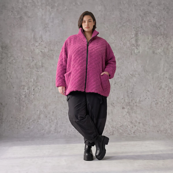 Fuchsia Teddyjacke mit kastigem Schnitt Stehkragen Reißverschluss und Nahttaschen