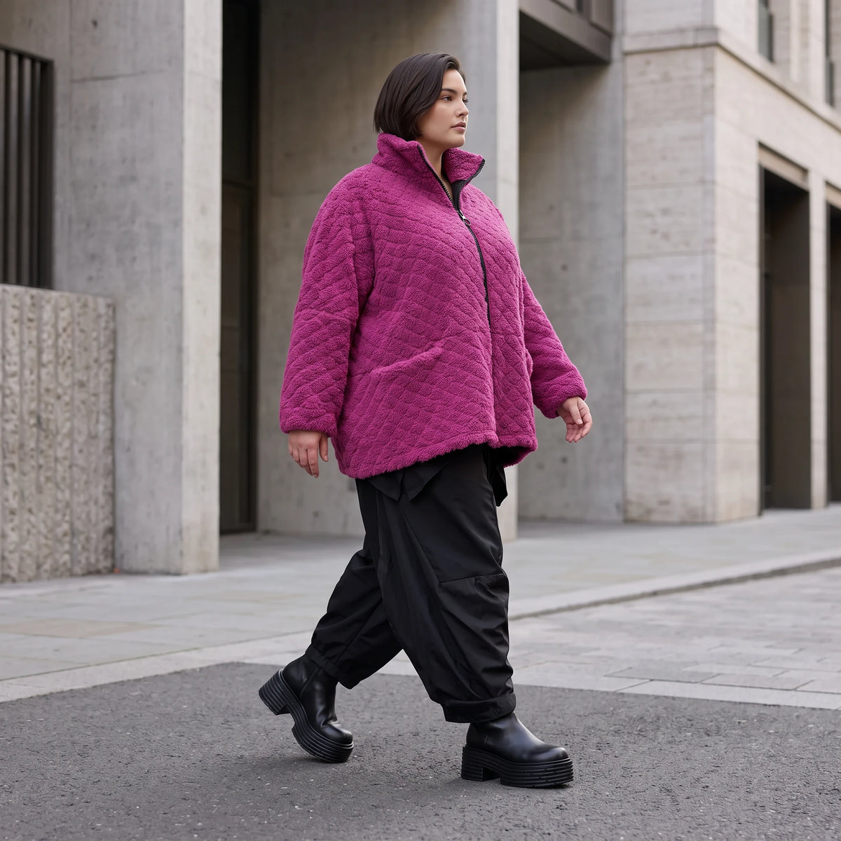 Fuchsia Teddyjacke mit kastigem Schnitt Stehkragen Reißverschluss und Nahttaschen