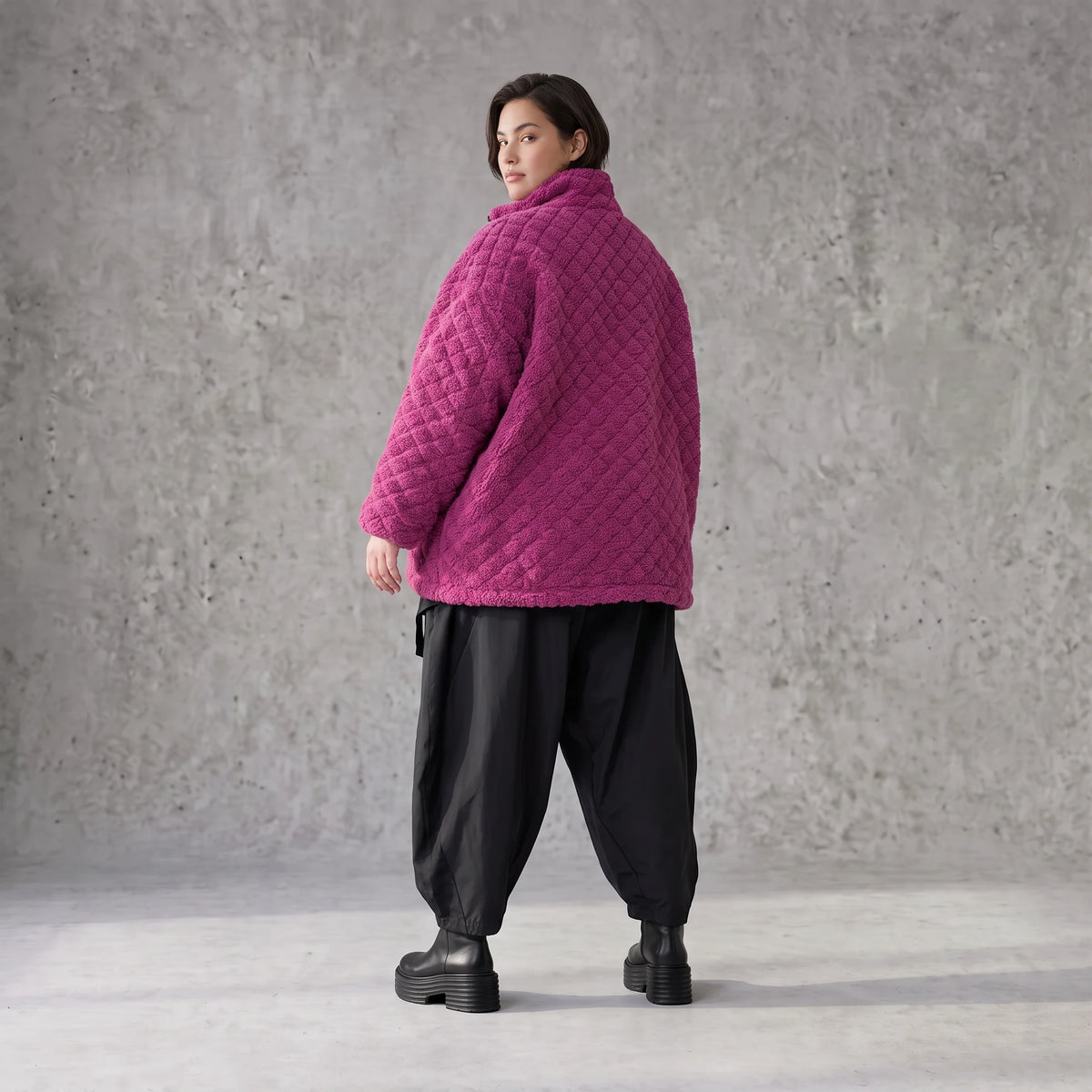 Fuchsia Teddyjacke mit kastigem Schnitt Stehkragen Reißverschluss und Nahttaschen