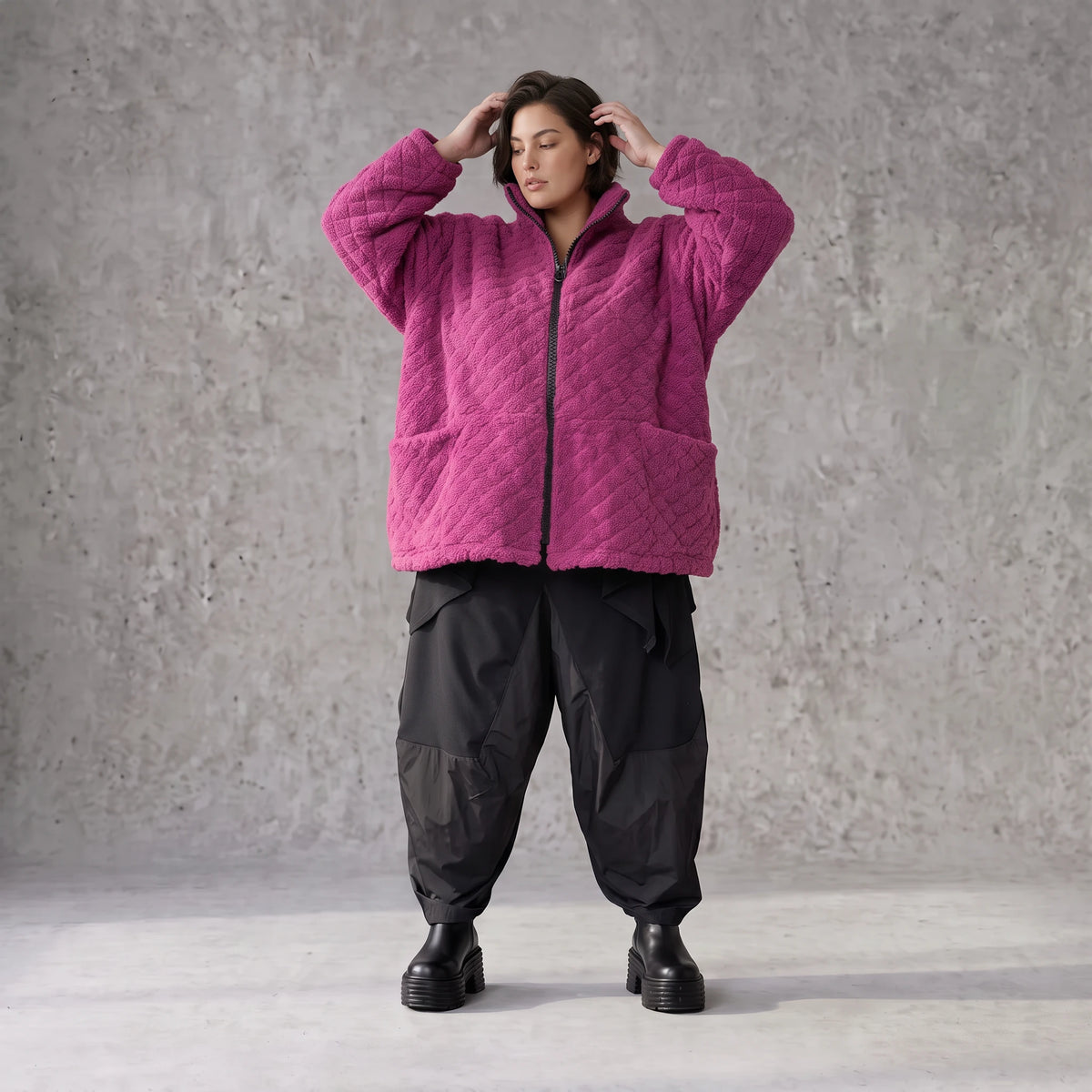 Fuchsia Teddyjacke mit kastigem Schnitt Stehkragen Reißverschluss und Nahttaschen
