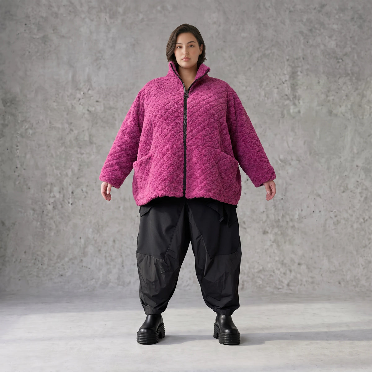 Fuchsia Teddyjacke mit kastigem Schnitt Stehkragen Reißverschluss und Nahttaschen