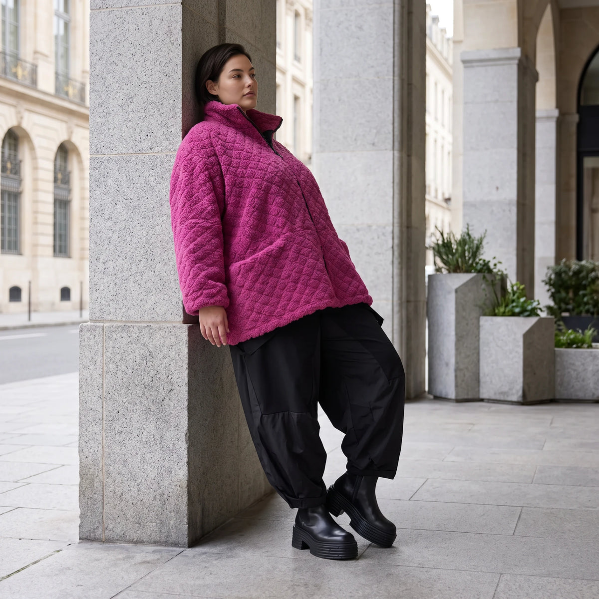 Fuchsia Teddyjacke mit kastigem Schnitt Stehkragen Reißverschluss und Nahttaschen