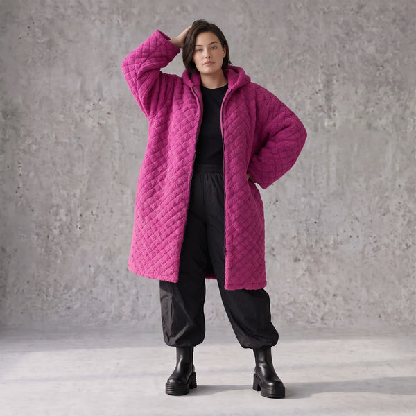 Fuchsia Teddymantel aus Pluesch mit Tuell Tunnelzug Reissverschluss geradem Schnitt