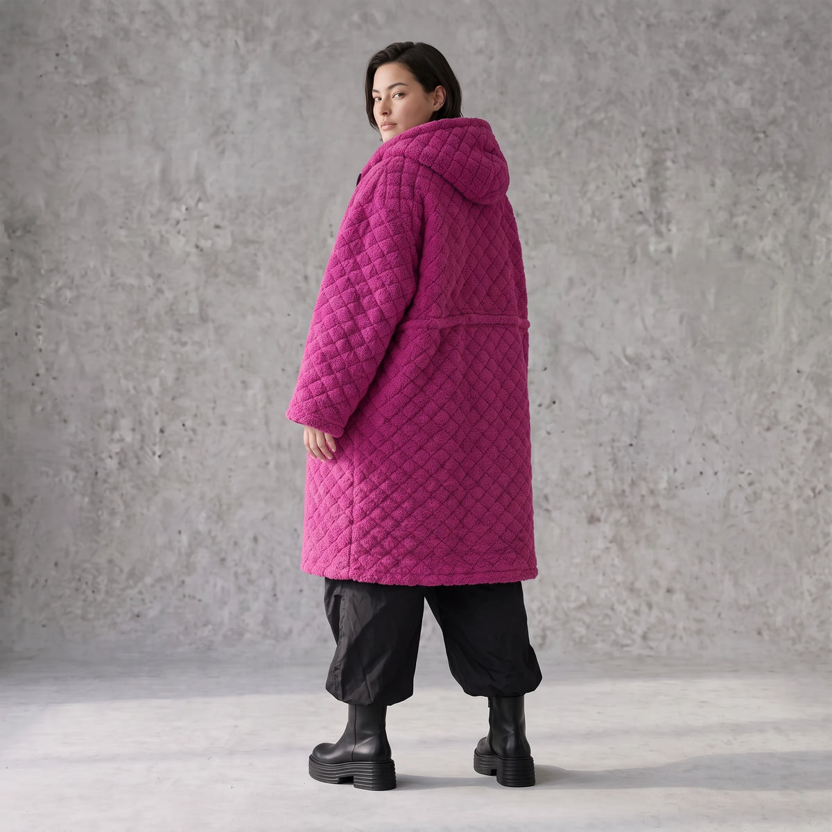 Fuchsia Teddymantel aus Pluesch mit Tuell Tunnelzug Reissverschluss geradem Schnitt
