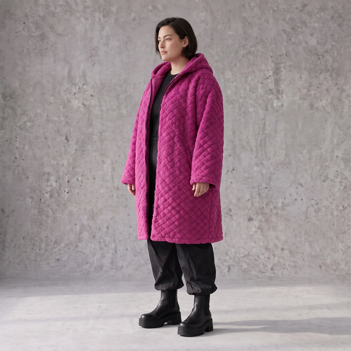 Fuchsia Teddymantel aus Pluesch mit Tuell Tunnelzug Reissverschluss geradem Schnitt
