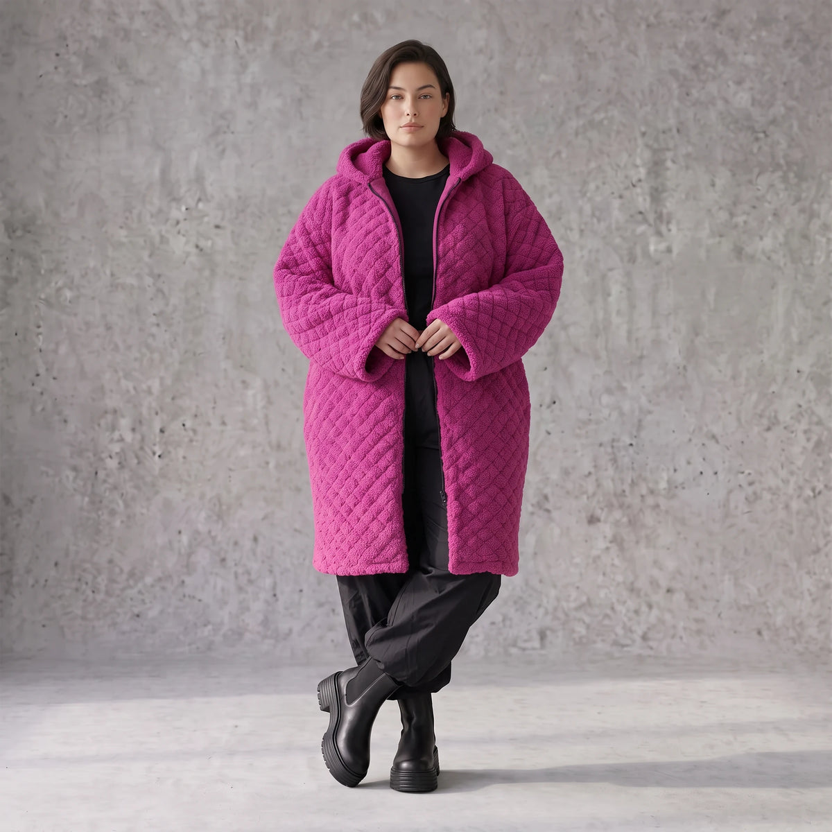 Fuchsia Teddymantel aus Pluesch mit Tuell Tunnelzug Reissverschluss geradem Schnitt