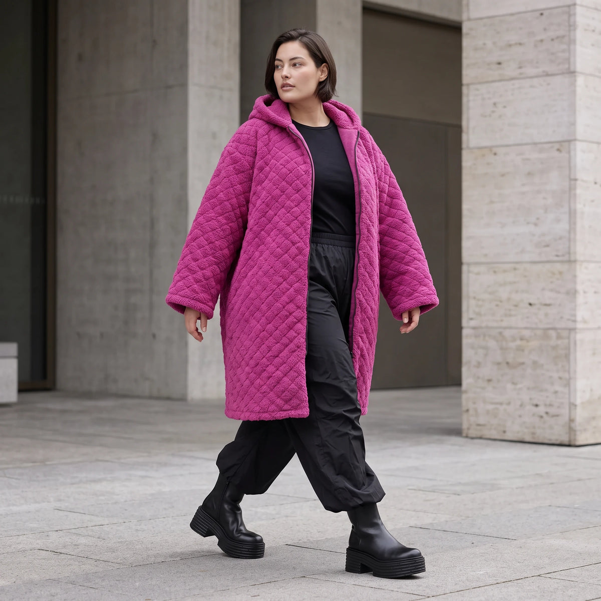 Fuchsia Teddymantel aus Pluesch mit Tuell Tunnelzug Reissverschluss geradem Schnitt