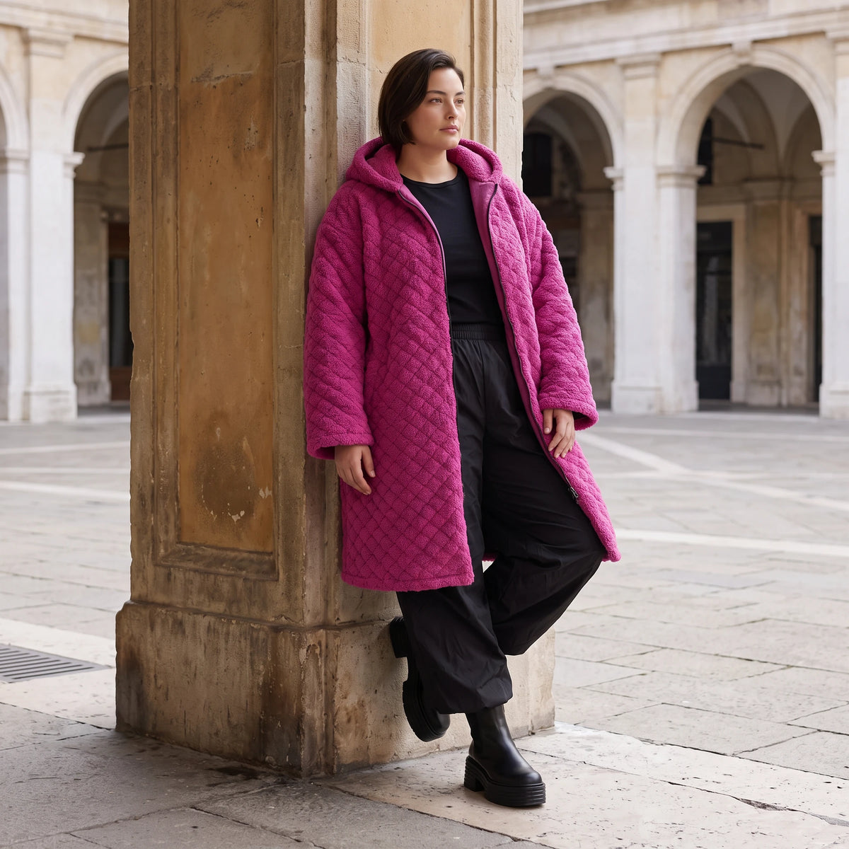 Fuchsia Teddymantel aus Pluesch mit Tuell Tunnelzug Reissverschluss geradem Schnitt