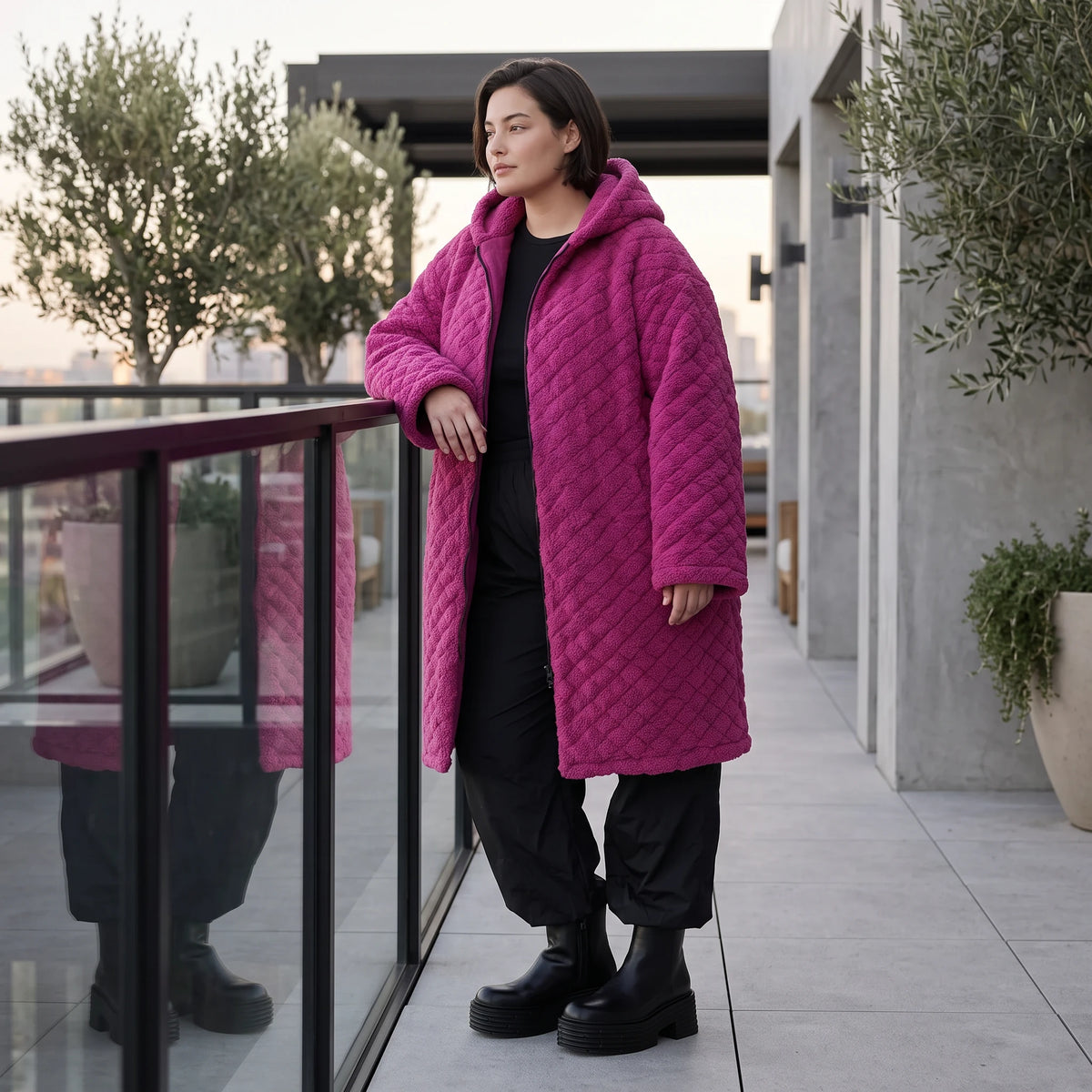 Fuchsia Teddymantel aus Pluesch mit Tuell Tunnelzug Reissverschluss geradem Schnitt