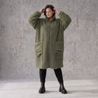 Khaki Teddymantel Wintermantel mit Stehkragen geradem Schnitt Taschen und Reißverschluss