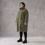 Khaki Teddymantel Wintermantel mit Stehkragen geradem Schnitt Taschen und Reißverschluss
