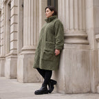 Khaki Teddymantel Wintermantel mit Stehkragen geradem Schnitt Taschen und Reißverschluss