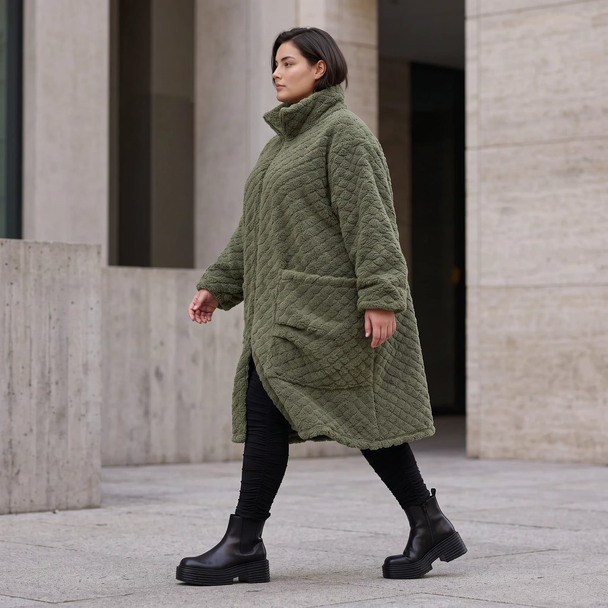 Khaki Teddymantel Wintermantel mit Stehkragen geradem Schnitt Taschen und Reißverschluss