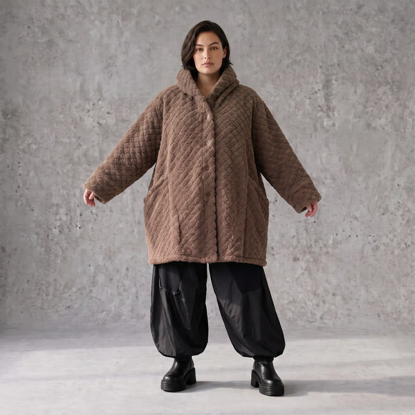 Kuschelige Teddyjacke in Ballonform mit Kapuze Taschen und Knopfverschluss warm weich