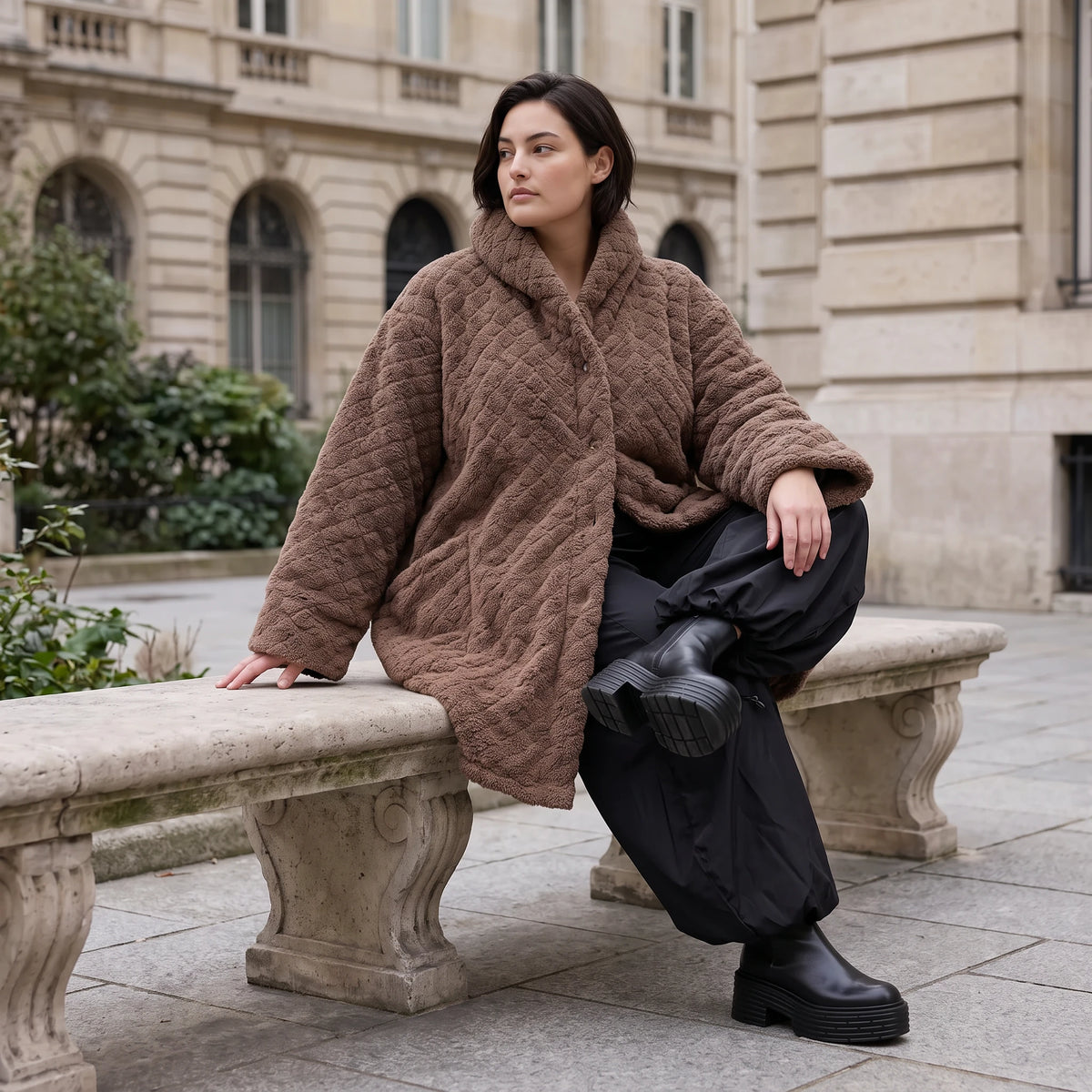 Kuschelige Teddyjacke in Ballonform mit Kapuze Taschen und Knopfverschluss warm weich