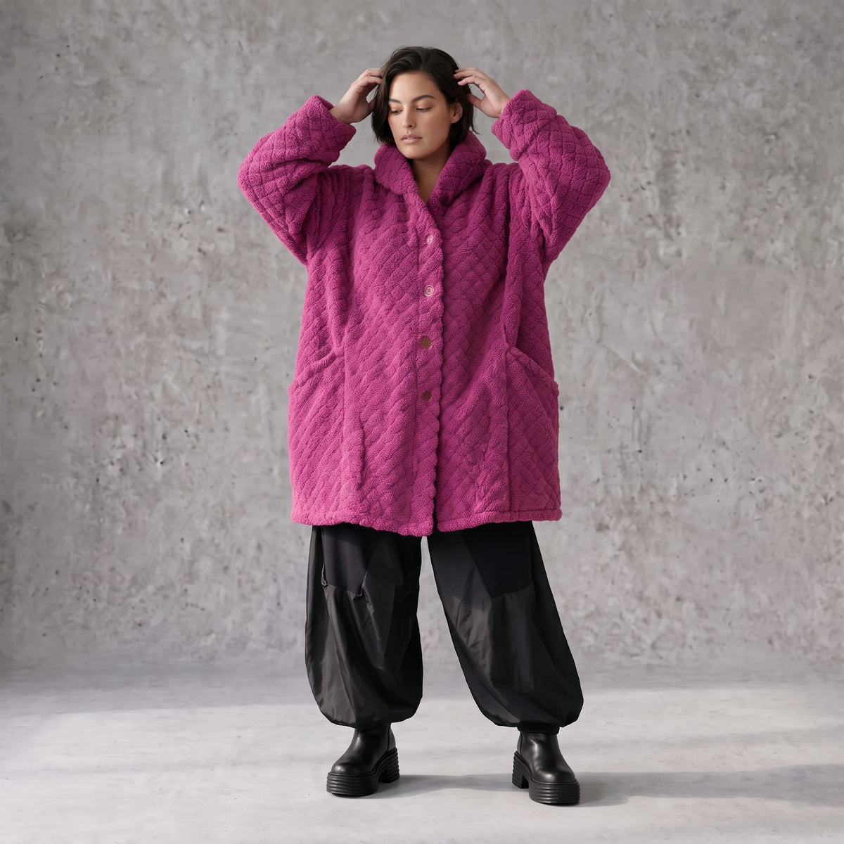 Teddy Winterjacke in Ballonform mit Kapuze und tiefen Taschen kuschelig warm locker weit