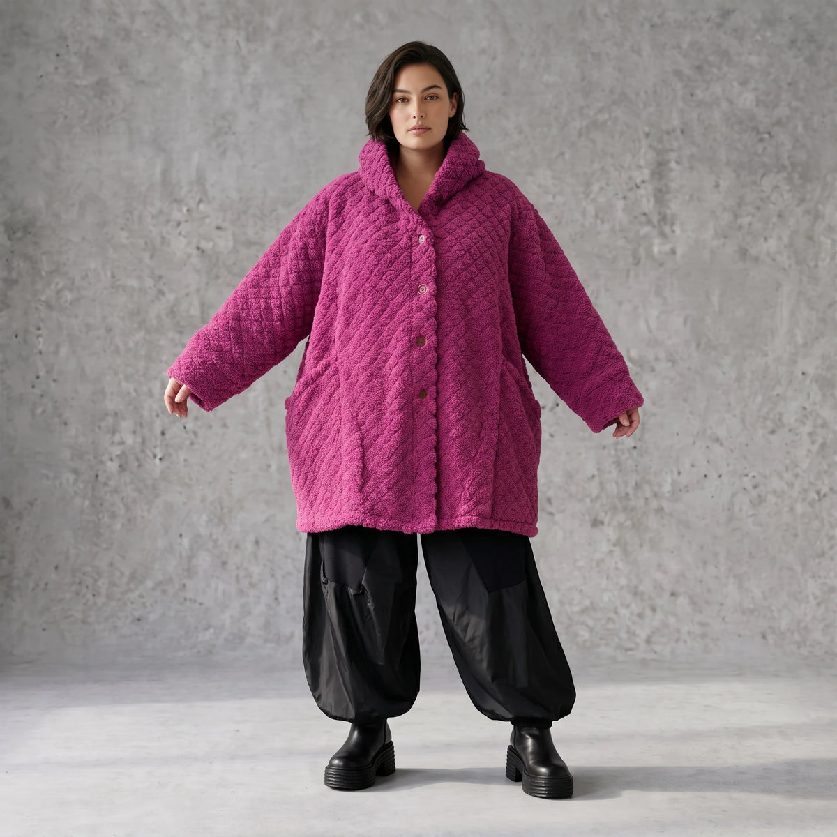Teddy Winterjacke in Ballonform mit Kapuze und tiefen Taschen kuschelig warm locker weit