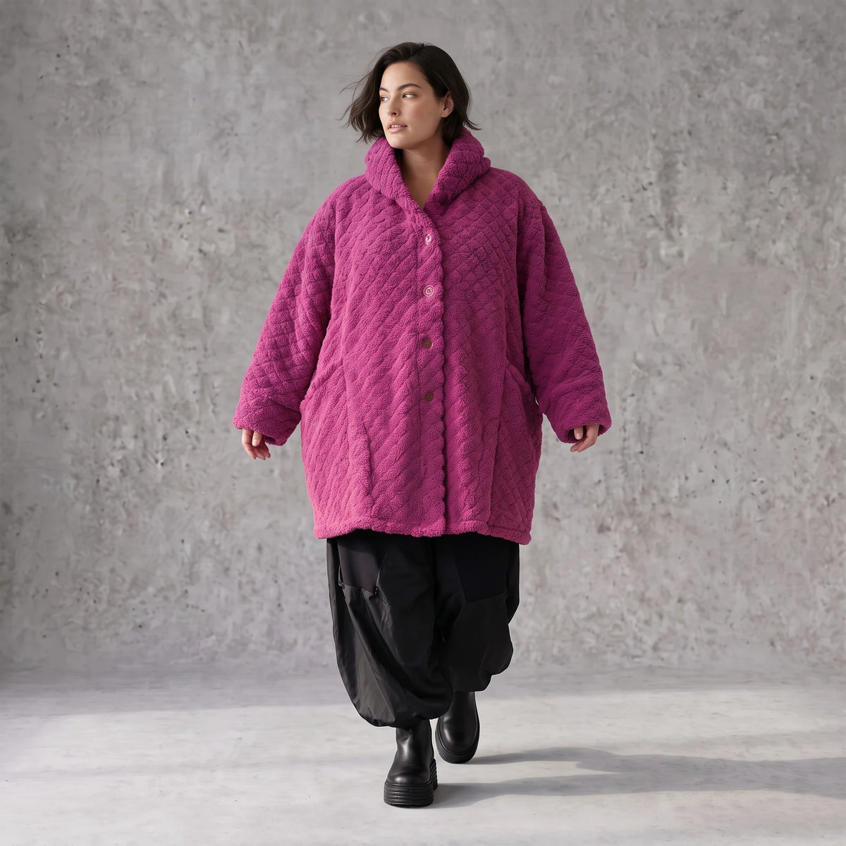 Teddy Winterjacke in Ballonform mit Kapuze und tiefen Taschen kuschelig warm locker weit