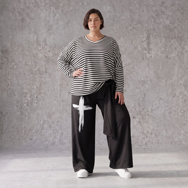 Warme Fleece Marlenehose mit elastischem Bund und Bindegürtel im weiten Komfortschnitt