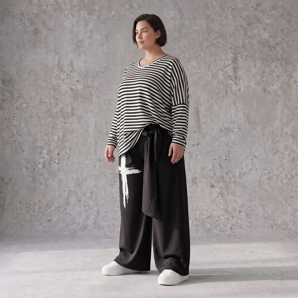 Warme Fleece Marlenehose mit elastischem Bund und Bindegürtel im weiten Komfortschnitt