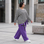 Lila Marlenehose aus weichem warmem Fleece mit Elasthan elastischem Bund und Bindegürtel