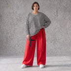 Warme Marlenehose aus Fleece mit Stretch elastischem Bund Bindegürtel und weitem Bein