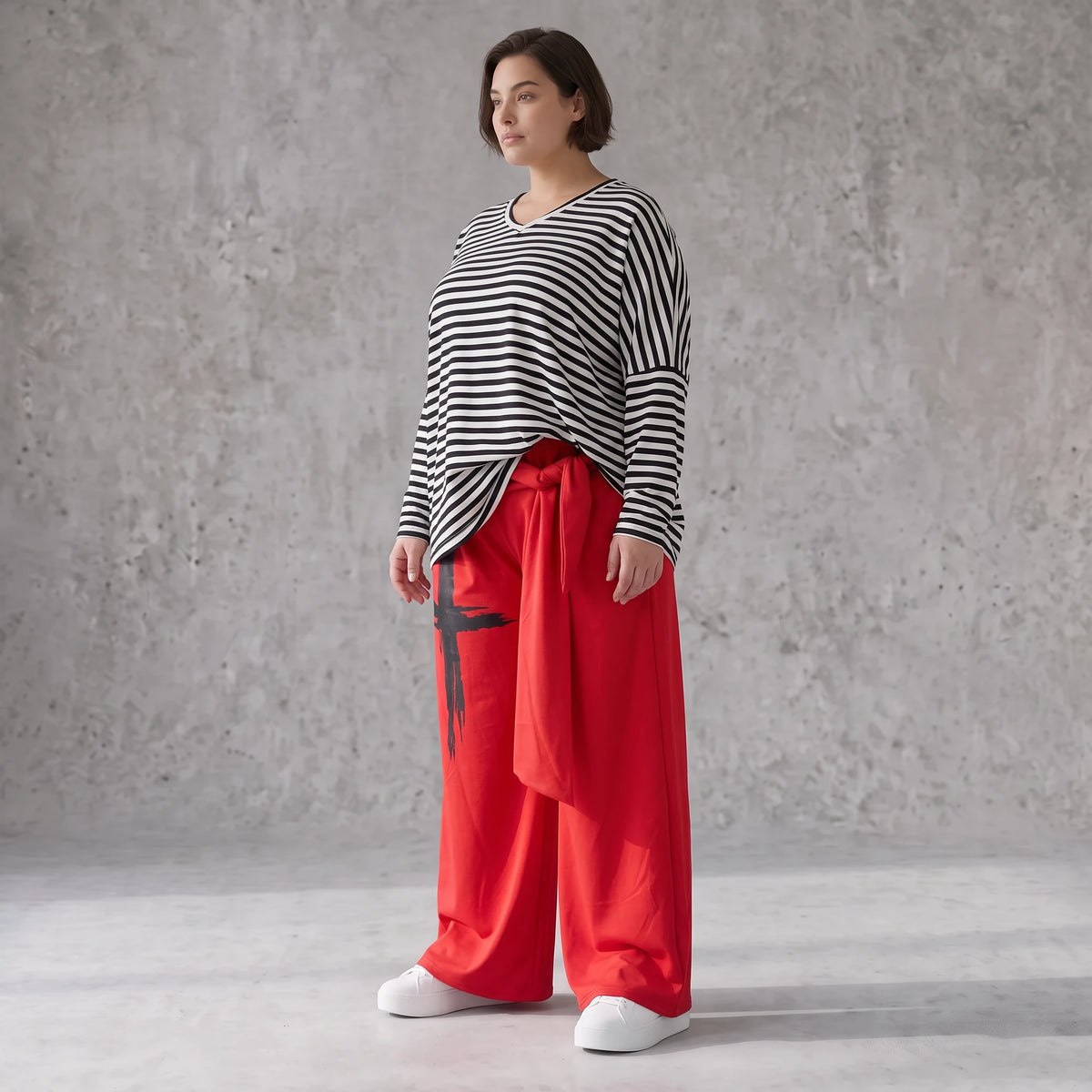 Warme Marlenehose aus Fleece mit Stretch elastischem Bund Bindegürtel und weitem Bein