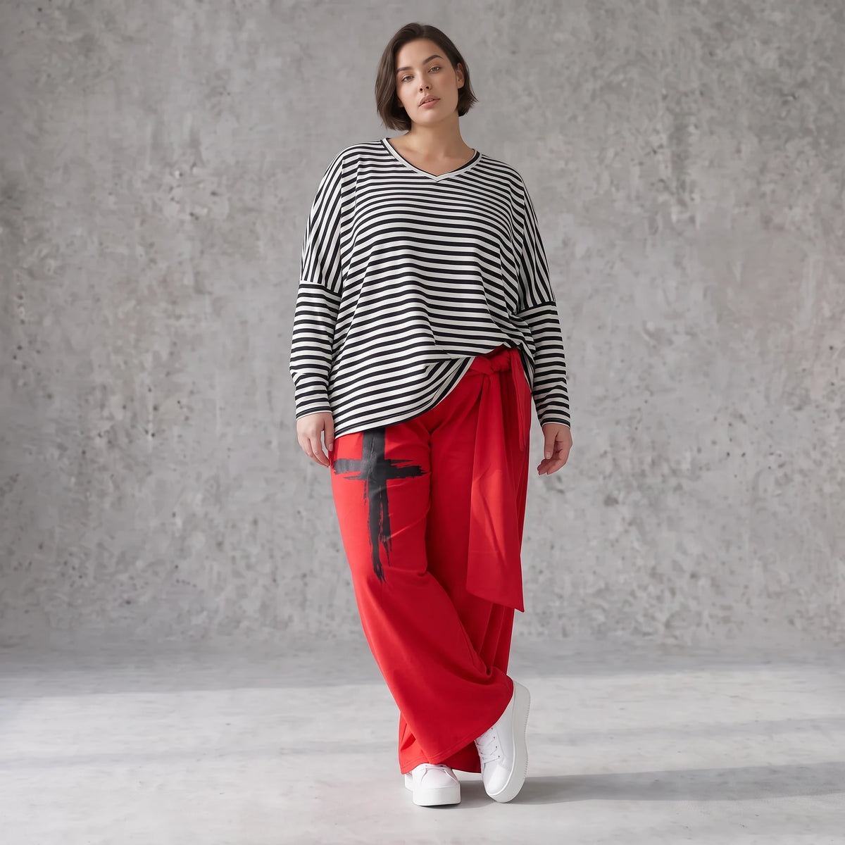 Warme Marlenehose aus Fleece mit Stretch elastischem Bund Bindegürtel und weitem Bein