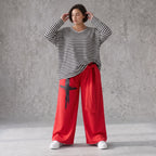 Warme Marlenehose aus Fleece mit Stretch elastischem Bund Bindegürtel und weitem Bein