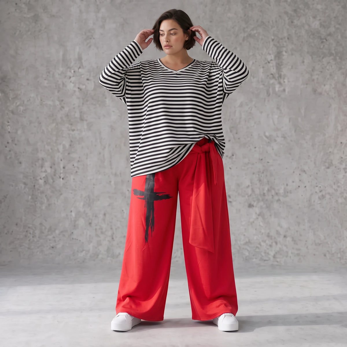 Warme Marlenehose aus Fleece mit Stretch elastischem Bund Bindegürtel und weitem Bein