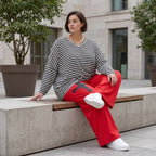 Warme Marlenehose aus Fleece mit Stretch elastischem Bund Bindegürtel und weitem Bein