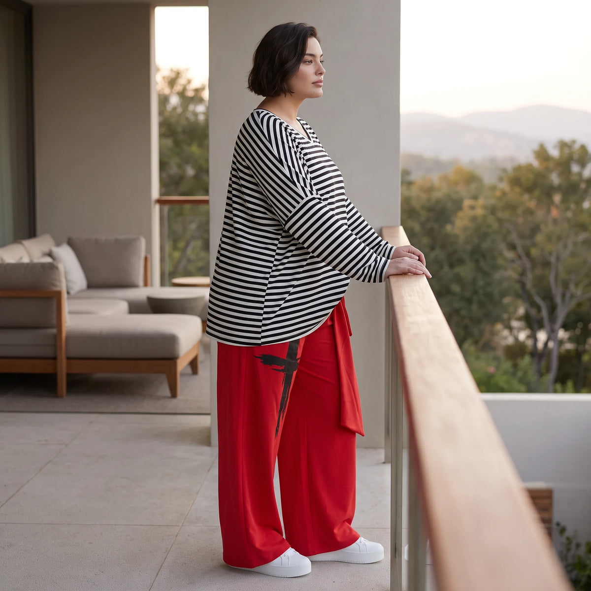 Warme Marlenehose aus Fleece mit Stretch elastischem Bund Bindegürtel und weitem Bein