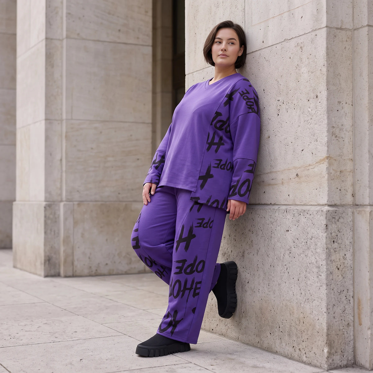Lila Fleece Ballonhose mit Schnürbund und Taschen weiche warme Winterhose in Ballonform