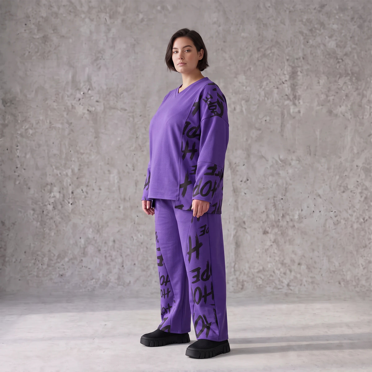 Lila Fleece Ballonhose mit Schnürbund und Taschen weiche warme Winterhose in Ballonform