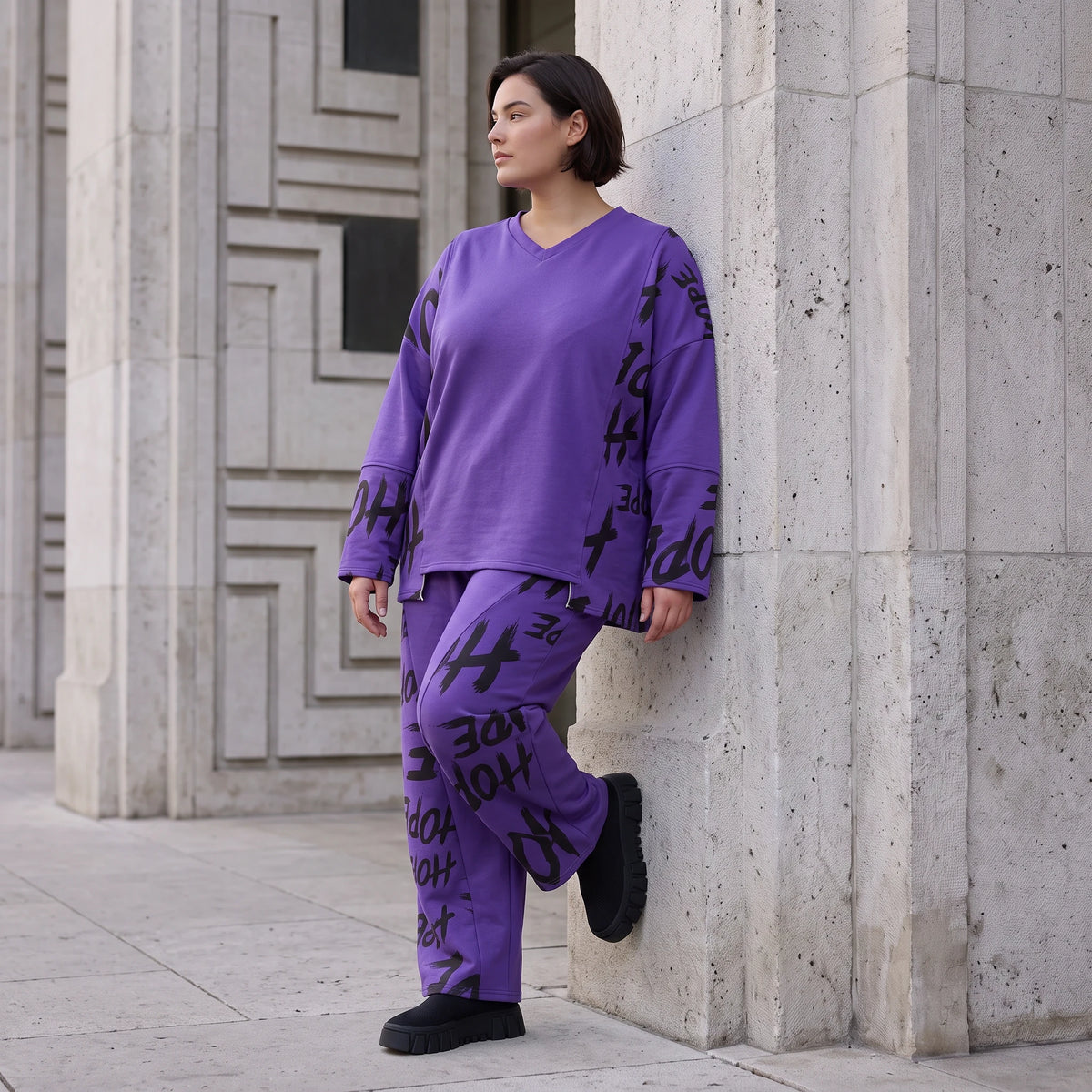 Lila Fleece Ballonhose mit Schnürbund und Taschen weiche warme Winterhose in Ballonform