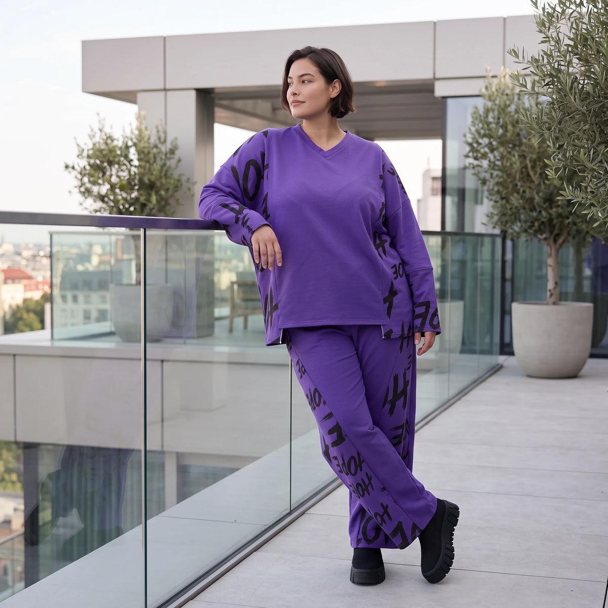 Lila Fleece Ballonhose mit Schnürbund und Taschen weiche warme Winterhose in Ballonform
