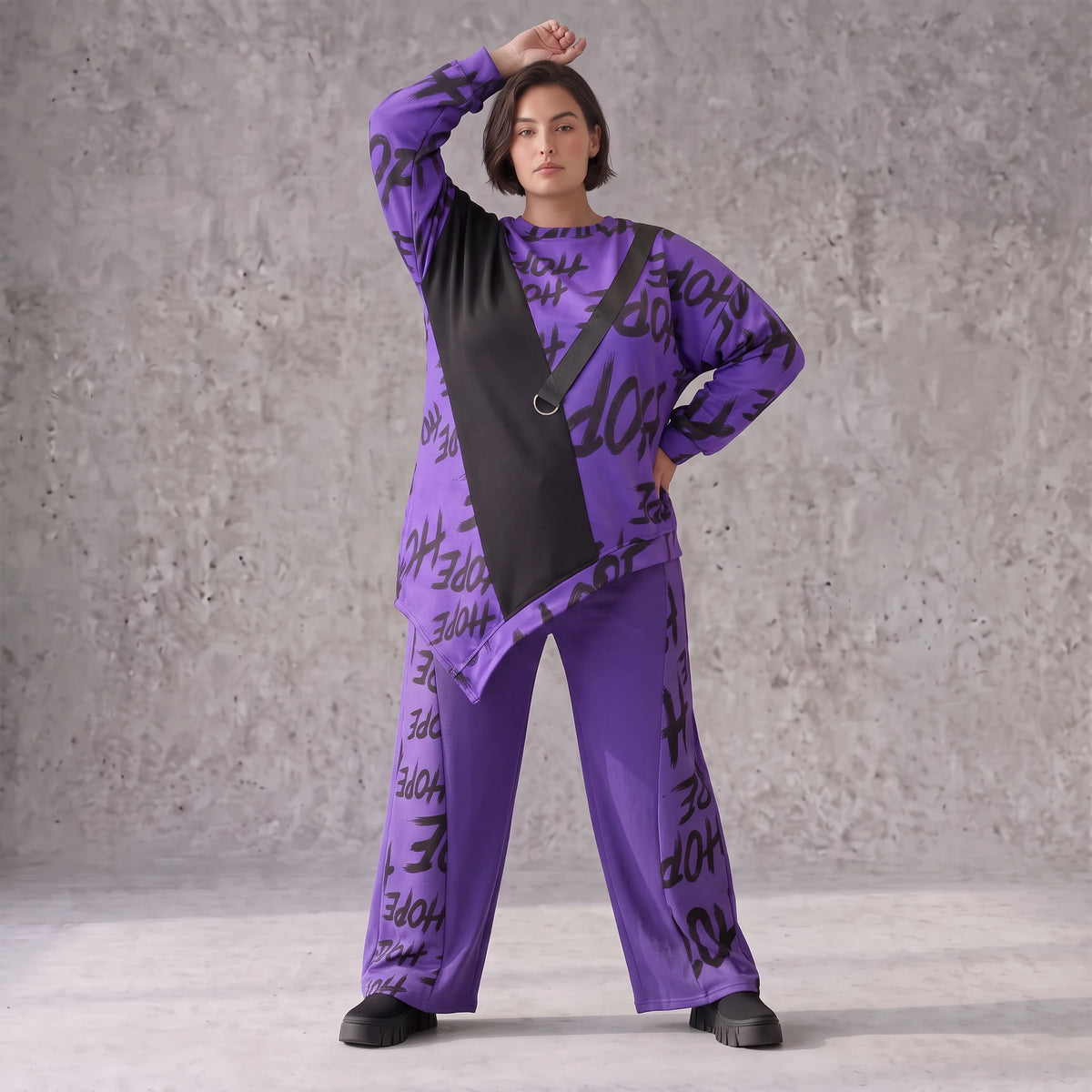 Lila Fleecelangarmshirt mit asymmetrischem Schnitt und Zipfelsaum samt Stretchkomfort