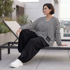 Langarmshirt aus Jersey mit Stretch in Schwarz/Weiss locker geschnitten mit V-Ausschnitt