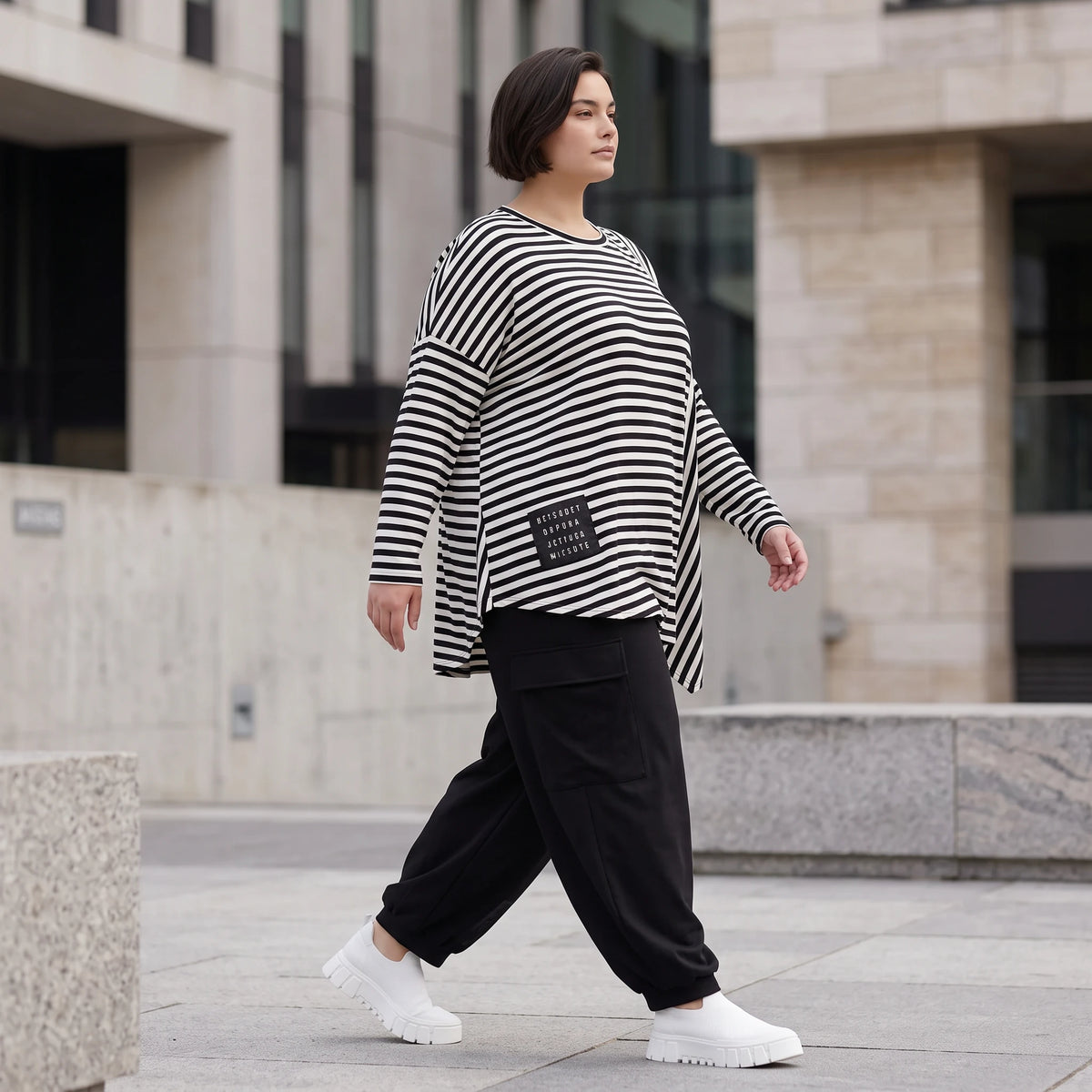 Langarmshirt in Schwarz/Weiß aus weichem Stretchjersey mit asymmetrischem Zipfelsaum