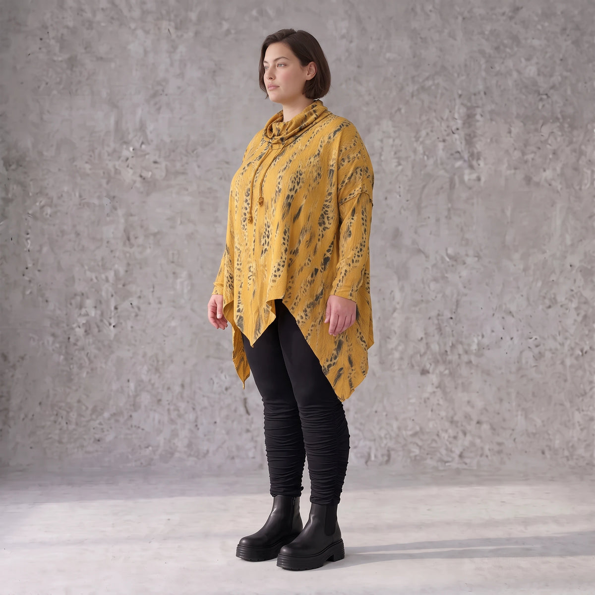 Baumwolljersey Shirt in A-Linie mit Rollkragen Tunnelzug und Zipfelsaum bequem weich