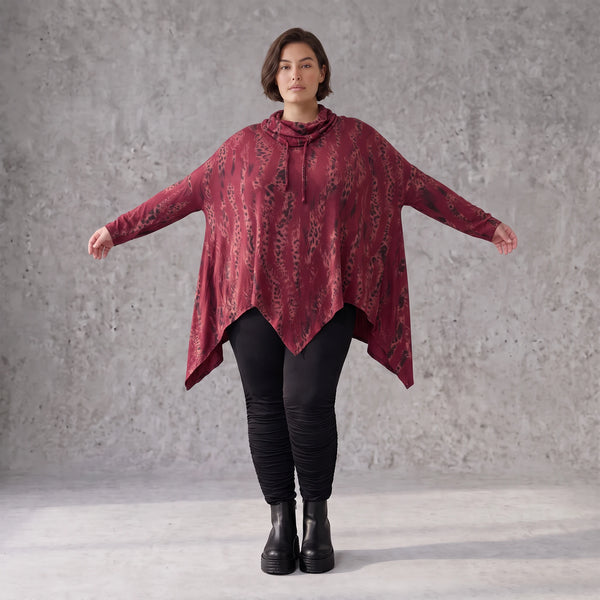 Rollkragenshirt in A-Linie aus Baumwolljersey in Bordeaux/Schwarz mit Tunnelzug Zipfelsaum