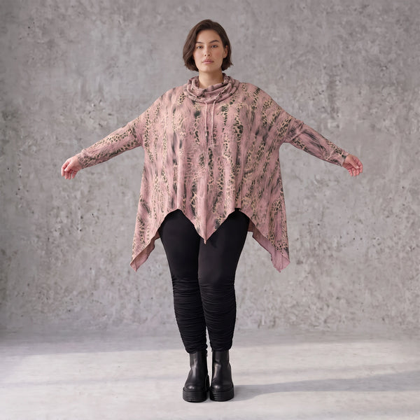 Wintershirt in Rosa/Beige mit Rollkragen Tunnelzug Zipfelsaum und Baumwolle A-Linie