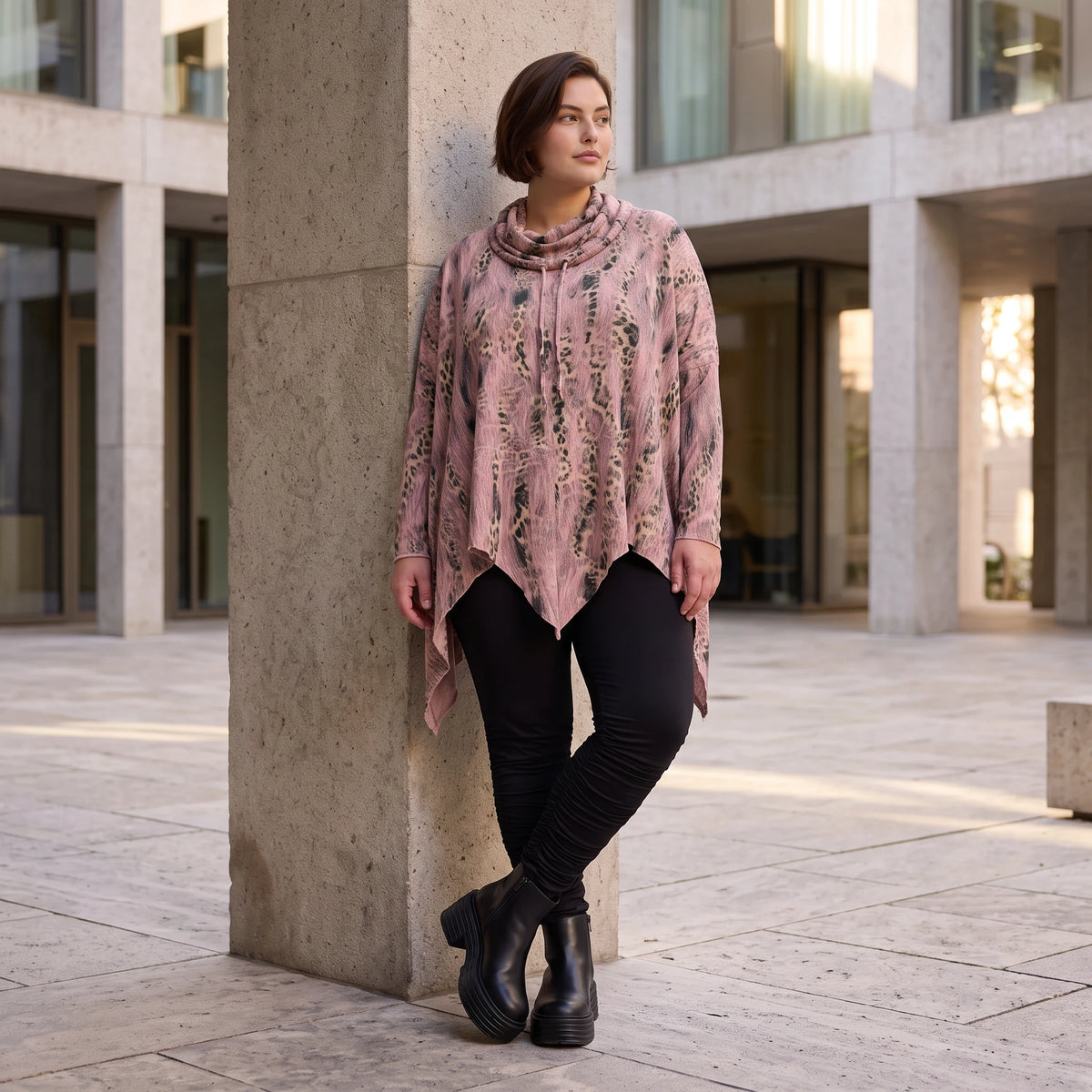 Wintershirt in Rosa/Beige mit Rollkragen Tunnelzug Zipfelsaum und Baumwolle A-Linie